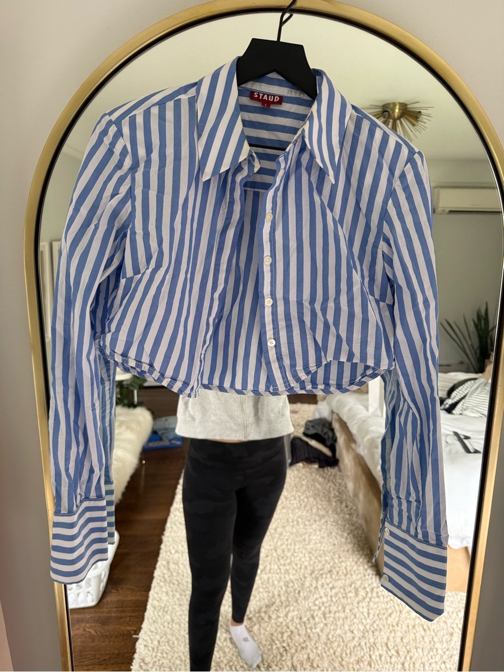 STAUD Blue and White Striped Cropped Shirt